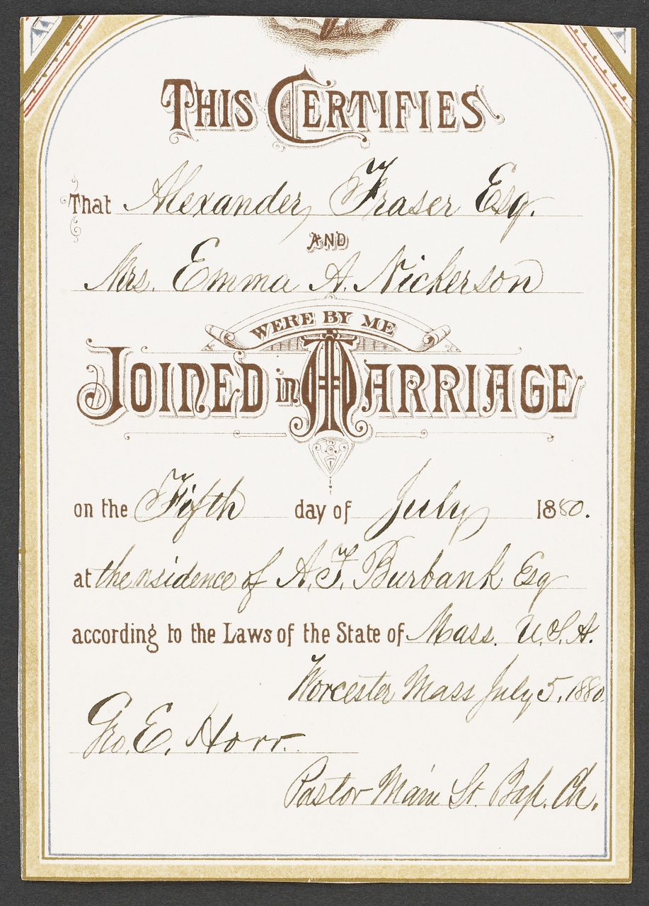 Trouwcertificaat van Alexander Fraser, esq. and mrs Emma A. Nickerson, 5 juli 1850, G.E. Horr