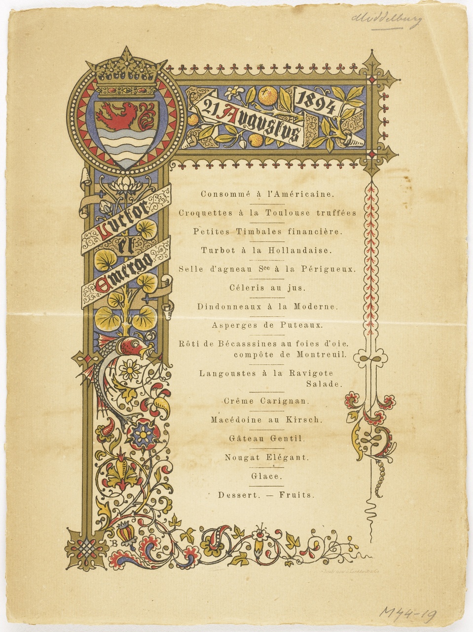 Doos met menu's vanaf 1853 voor grote diners gehouden te Middelburg e.a.