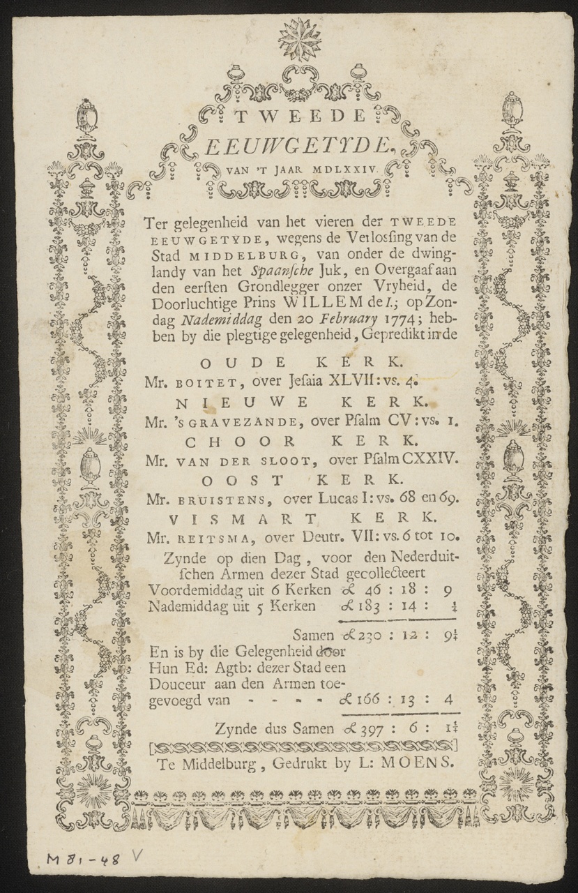 Kerkbrief van de dankdag op 20 februari 1774 op de bevrijding van Middelburg in 1574, L. Moens